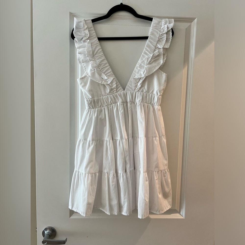 Abercrombie & Fitch White Ruffle V-Neck Mini Dress
